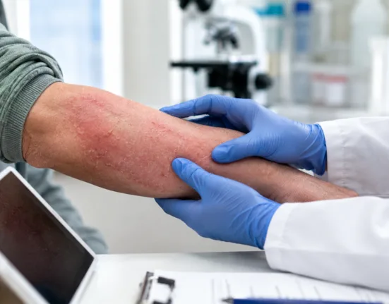 A clinician examines atopic dermatitis symptoms as Bambusa Therapeutics reports preliminary proof-of-concept results for investigational bispecific antibody BBT001. Representative image.