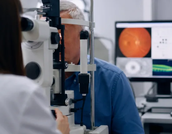 Glaucoma eye examination in progress as Bausch + Lomb discontinues BL1107 eye drops after the Phase 2 trial missed key visual function endpoints. Representative image.