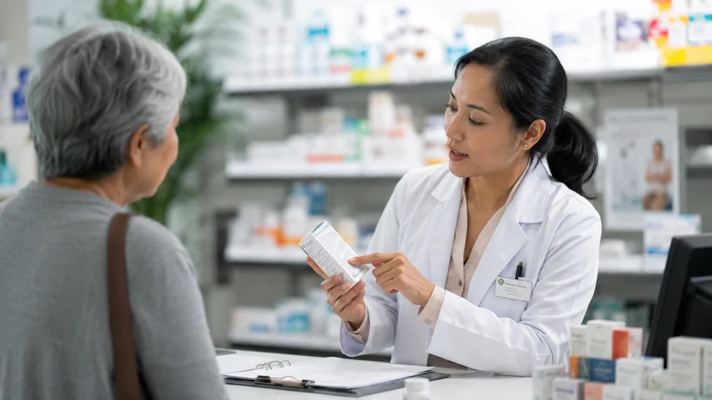 A pharmacist guides a consumer on responsible self-care, reflecting new Economist Enterprise research on why affordable access, trusted health information and clear referral pathways are essential for integrating self-care into healthcare systems. Representative image.