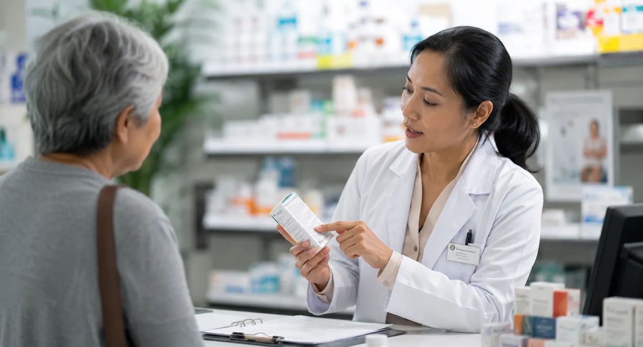 A pharmacist guides a consumer on responsible self-care, reflecting new Economist Enterprise research on why affordable access, trusted health information and clear referral pathways are essential for integrating self-care into healthcare systems. Representative image.