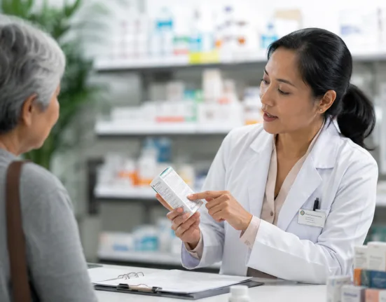A pharmacist guides a consumer on responsible self-care, reflecting new Economist Enterprise research on why affordable access, trusted health information and clear referral pathways are essential for integrating self-care into healthcare systems. Representative image.