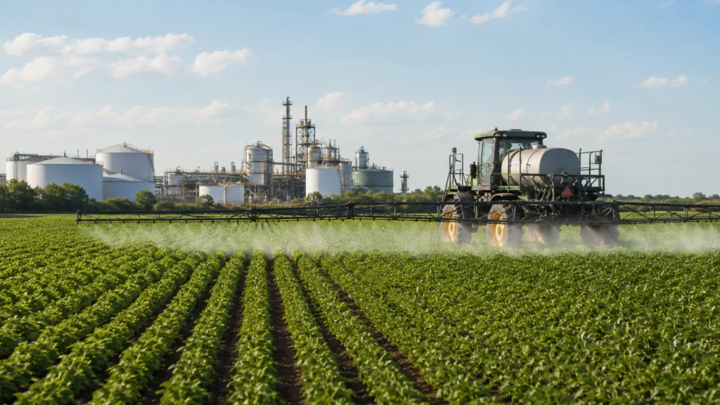 Representative image: A crop sprayer operates across a commercial farm as Bayer Group restructures its U.S. glyphosate and Roundup business under Ruveon LLC.
