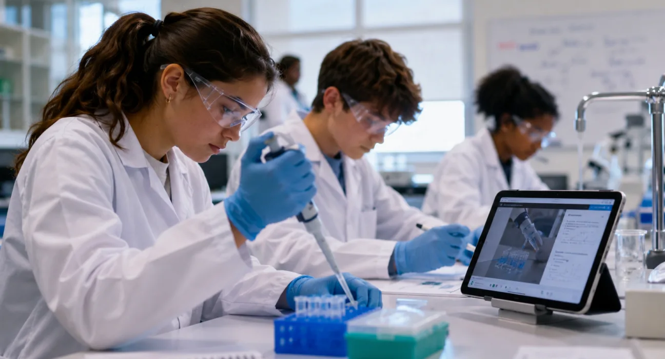 Students practise precision pipetting in a biotechnology laboratory, reflecting BioBuilder Educational Foundation’s nearly $1 million Massachusetts grant to develop AI-guided laboratory skills training for high school learners. Representative image.
