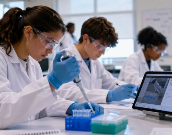 Students practise precision pipetting in a biotechnology laboratory, reflecting BioBuilder Educational Foundation’s nearly $1 million Massachusetts grant to develop AI-guided laboratory skills training for high school learners. Representative image.
