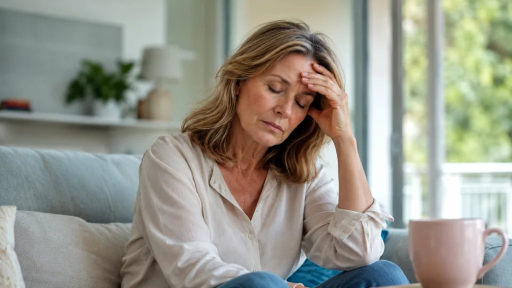 A woman experiencing menopause-related fatigue and discomfort, as Bonerge Lifescience launches a clinical study evaluating EquoYouth S-equol for potential menopause symptom relief. Representative image.