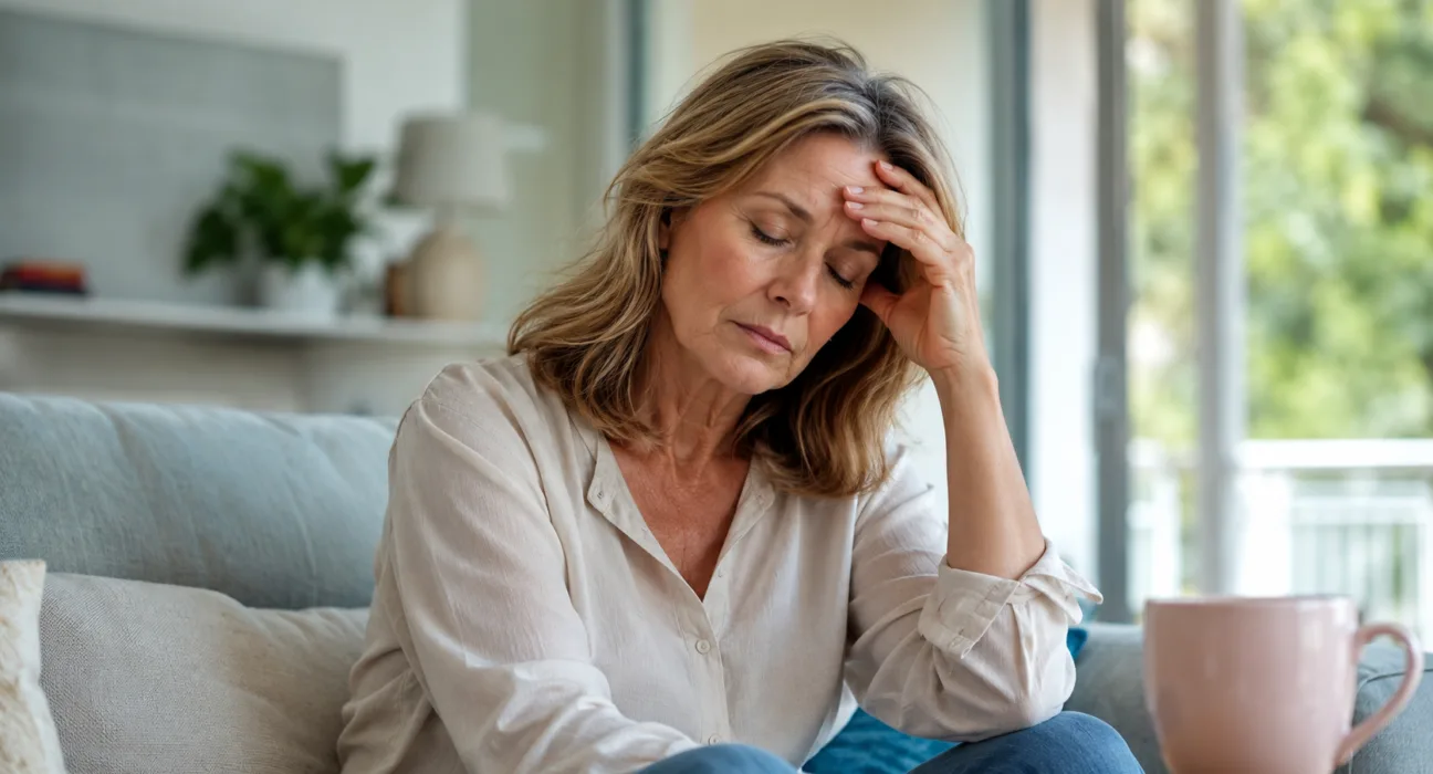 A woman experiencing menopause-related fatigue and discomfort, as Bonerge Lifescience launches a clinical study evaluating EquoYouth S-equol for potential menopause symptom relief. Representative image.