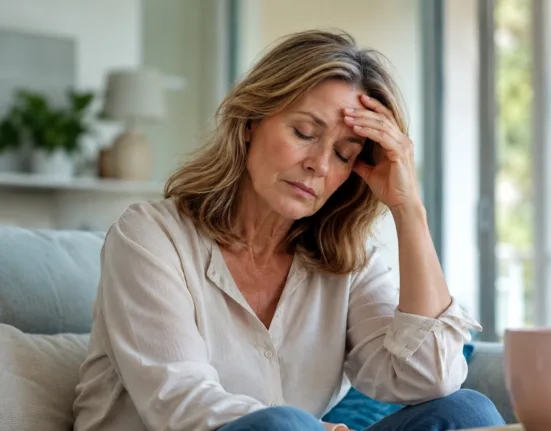 A woman experiencing menopause-related fatigue and discomfort, as Bonerge Lifescience launches a clinical study evaluating EquoYouth S-equol for potential menopause symptom relief. Representative image.
