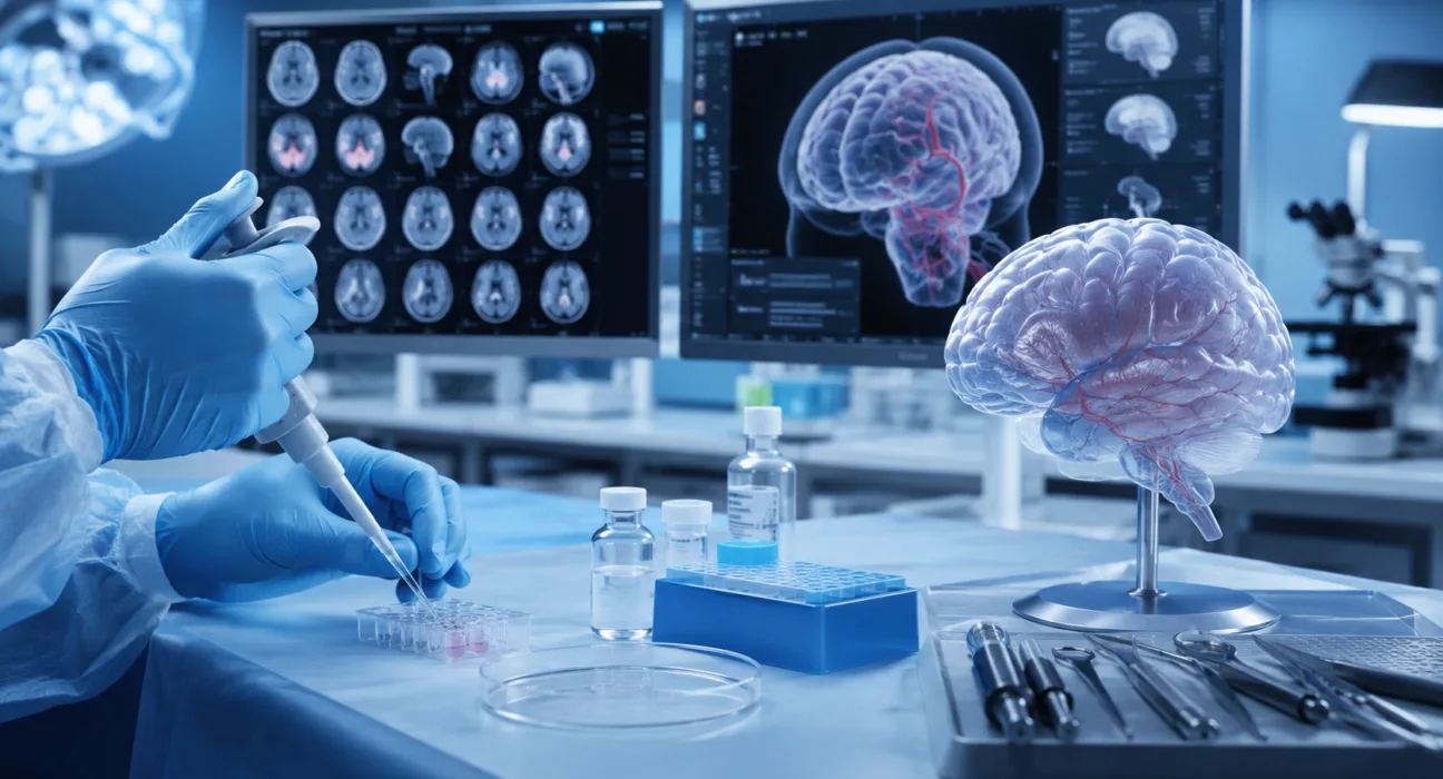 Representative image: Researchers examine brain imaging and neural cell preparations as Hopstem’s hNPC01 receives FDA clearance for clinical trials targeting chronic motor disability after hemorrhagic stroke and traumatic brain injury.