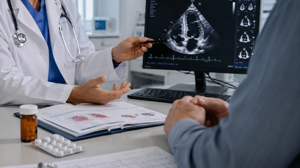 Representative image: A cardiologist reviews heart imaging as Cytokinetics’ $CYTK aficamten gains UK approval and NICE backing for approximately 6,600 adults with symptomatic obstructive hypertrophic cardiomyopathy.