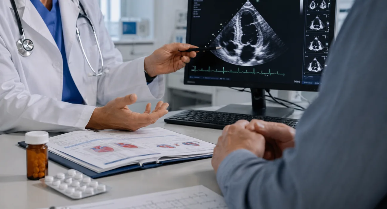 Representative image: A cardiologist reviews heart imaging as Cytokinetics’ $CYTK aficamten gains UK approval and NICE backing for approximately 6,600 adults with symptomatic obstructive hypertrophic cardiomyopathy.
