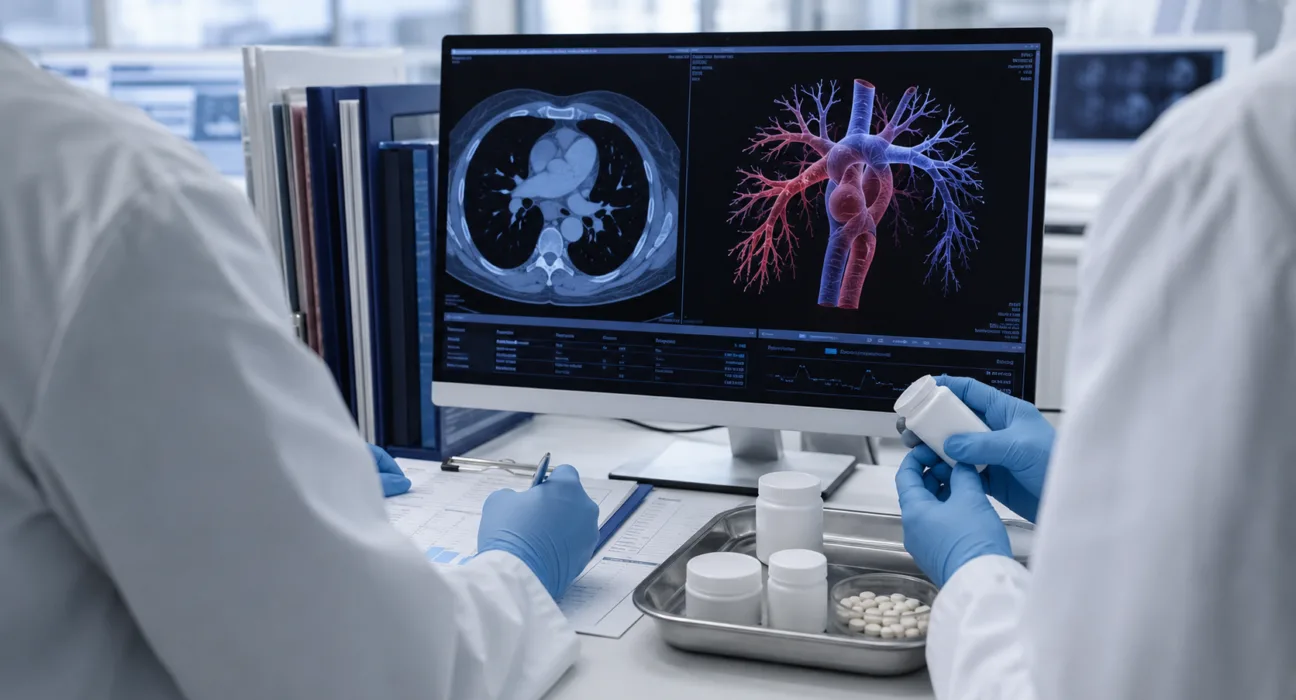 Representative image: Clinical researchers review cardiopulmonary data and oral therapy options as Inhibikase Therapeutics advances IKT-001 in a pivotal Phase 3 trial for pulmonary arterial hypertension following FDA Orphan Drug Designation.