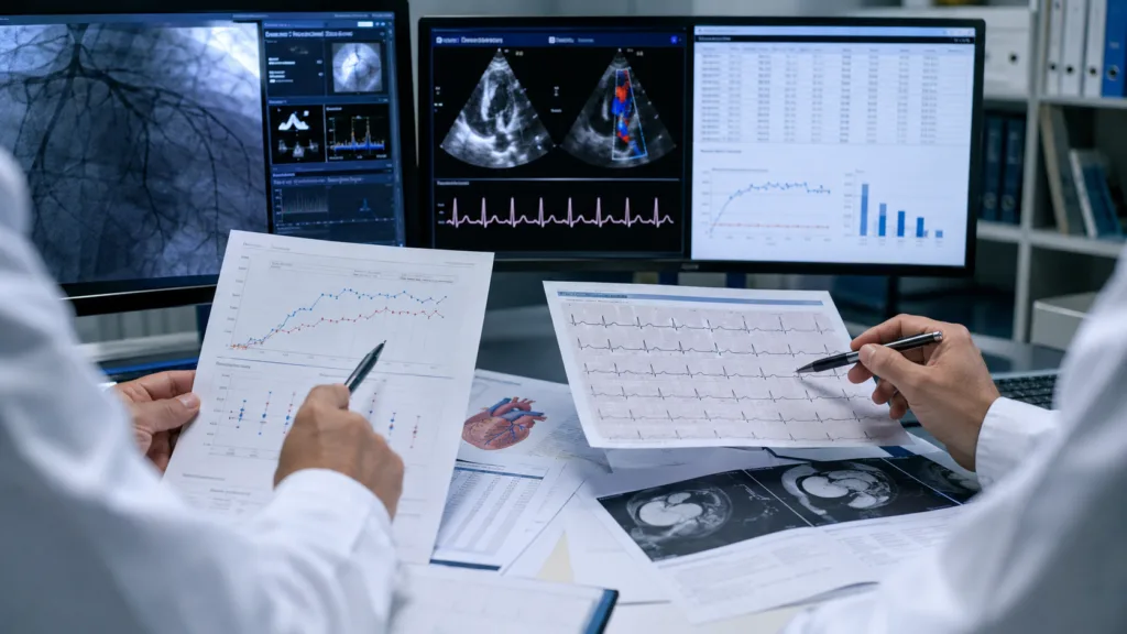 Representative image: Cardiovascular researchers review heart imaging and trial data as Novo Nordisk’s $NVO ziltivekimab lowers inflammation but fails to reduce heart attacks, strokes or cardiovascular deaths in the Phase 3 ZEUS trial.