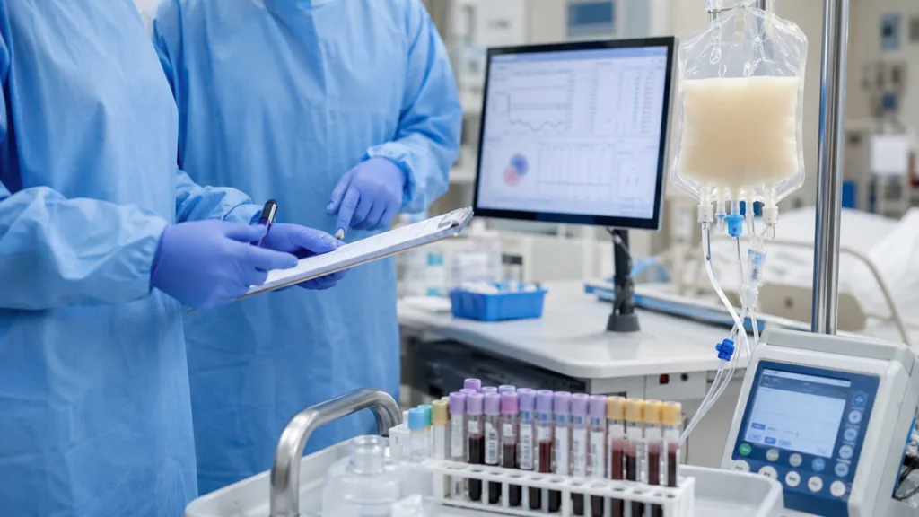 Representative image: Clinicians prepare a donor-derived cell therapy infusion as TScan Therapeutics’ $TCRX TSC-101 enters the Phase 3 ALLOHA-2 trial to prevent AML and MDS relapse after stem cell transplantation.