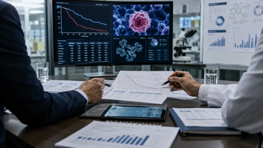 Representative image: Corporate and clinical teams review melanoma trial data as Scancell moves to acquire Neuphoria Therapeutics $NEUP and secure up to $89 million to fund the Phase 3 iSCIB1+ immunotherapy program.
