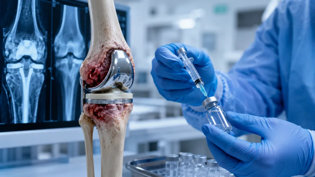 Precisio Biotix’s ClyO therapy is being evaluated for a chronic multidrug-resistant prosthetic joint infection, highlighting the search for new treatments against persistent implant-related bacterial infections. Representative image.