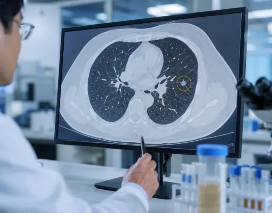 A clinician reviews a lung scan as bioAffinity Technologies advances the CyPath Lung clinical framework for pulmonary nodule risk stratification and early lung cancer detection. Representative image.