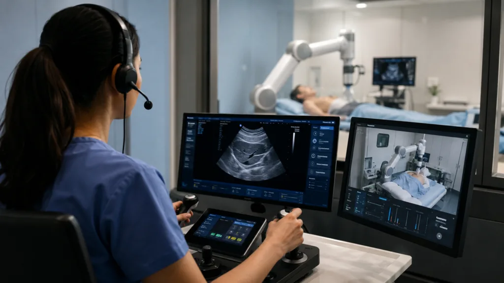 Dopl Technologies’ $6.3 million seed funding is set to advance the Traverse telerobotic ultrasound platform toward FDA clearance, as remote robotic imaging gains attention for expanding diagnostic access in underserved hospitals. Representative image.
