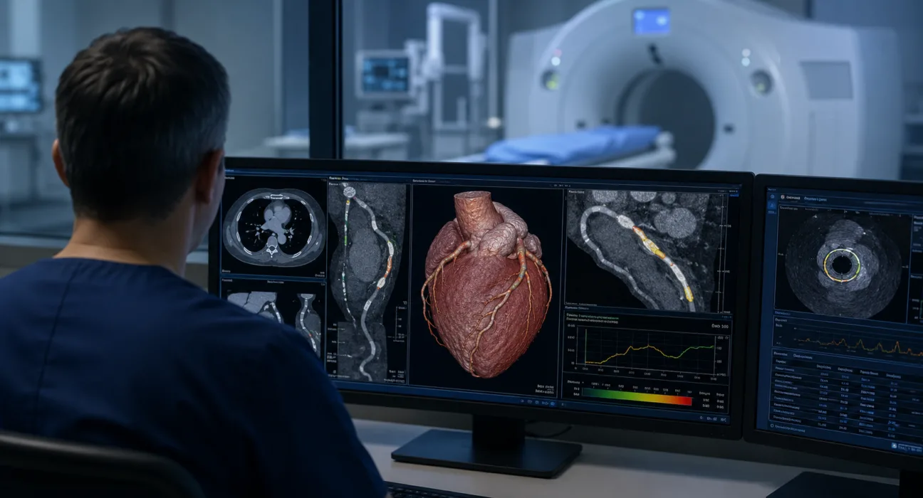 Artificial intelligence-powered coronary CT angiography is being studied to identify high-risk heart lesions before myocardial infarction. Representative image.