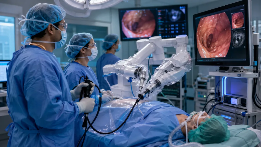 Robotic endoscopic surgery in a modern hospital setting illustrates EndoQuest Robotics’ PARADIGM trial milestone, as the company advances its investigational Endoluminal Surgical System toward a planned United States Food and Drug Administration De Novo submission. Representative image.