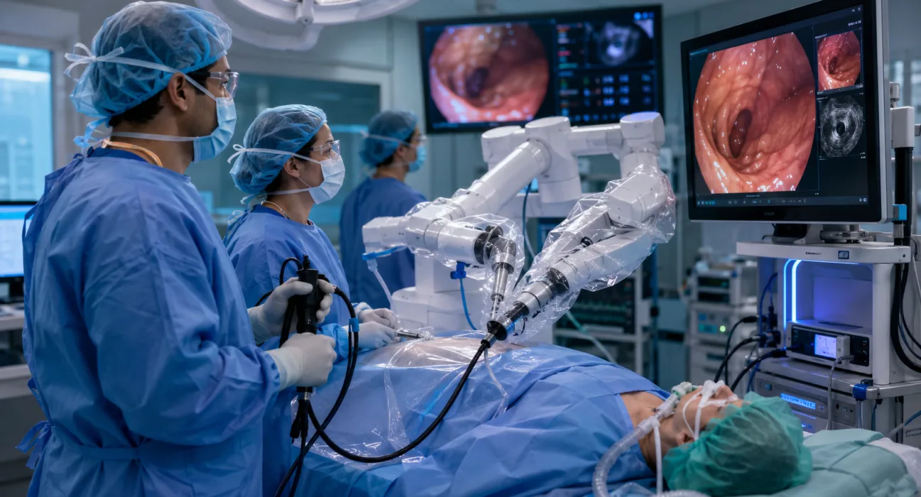 Robotic endoscopic surgery in a modern hospital setting illustrates EndoQuest Robotics’ PARADIGM trial milestone, as the company advances its investigational Endoluminal Surgical System toward a planned United States Food and Drug Administration De Novo submission. Representative image.