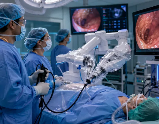 Robotic endoscopic surgery in a modern hospital setting illustrates EndoQuest Robotics’ PARADIGM trial milestone, as the company advances its investigational Endoluminal Surgical System toward a planned United States Food and Drug Administration De Novo submission. Representative image.