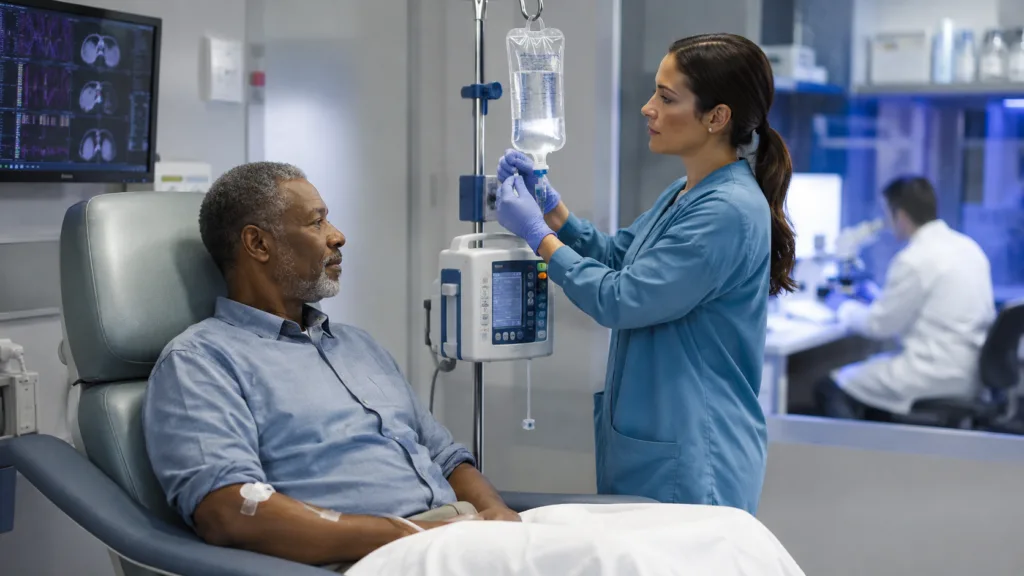 A patient receives an oncology infusion as Estrella Immunopharma advances EB103 into the dose-expansion phase of the STARLIGHT-1 trial following early durable responses in advanced B-cell non-Hodgkin lymphoma. Representative image.