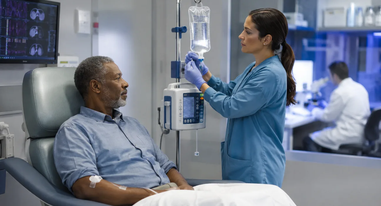 A patient receives an oncology infusion as Estrella Immunopharma advances EB103 into the dose-expansion phase of the STARLIGHT-1 trial following early durable responses in advanced B-cell non-Hodgkin lymphoma. Representative image.