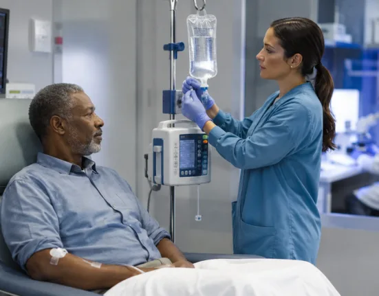 A patient receives an oncology infusion as Estrella Immunopharma advances EB103 into the dose-expansion phase of the STARLIGHT-1 trial following early durable responses in advanced B-cell non-Hodgkin lymphoma. Representative image.