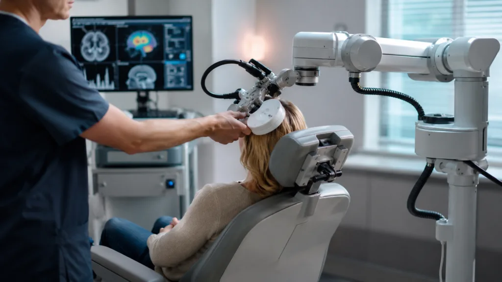 Robotic transcranial magnetic stimulation technology positions a TMS coil near a patient’s head, illustrating the clinical workflow behind Zeta Surgical’s FDA-cleared robotic TMS system. Representative image.
