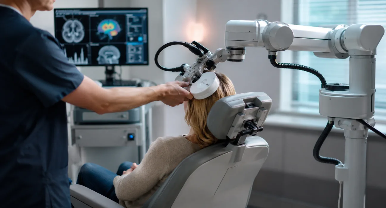 Robotic transcranial magnetic stimulation technology positions a TMS coil near a patient’s head, illustrating the clinical workflow behind Zeta Surgical’s FDA-cleared robotic TMS system. Representative image.