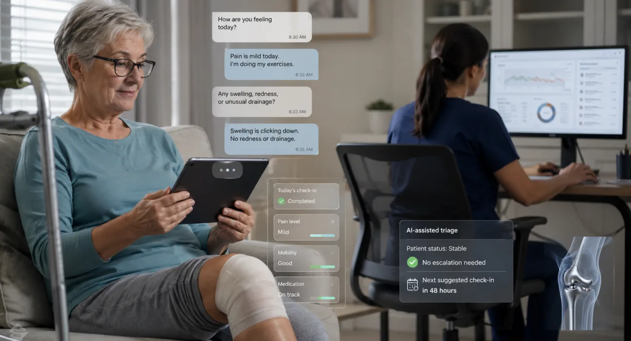 RecovryAI is evaluating its clinical AI Virtual Care Assistant for monitoring patients after hip and knee replacement surgery as it prepares for a planned FDA De Novo filing. Representative image.