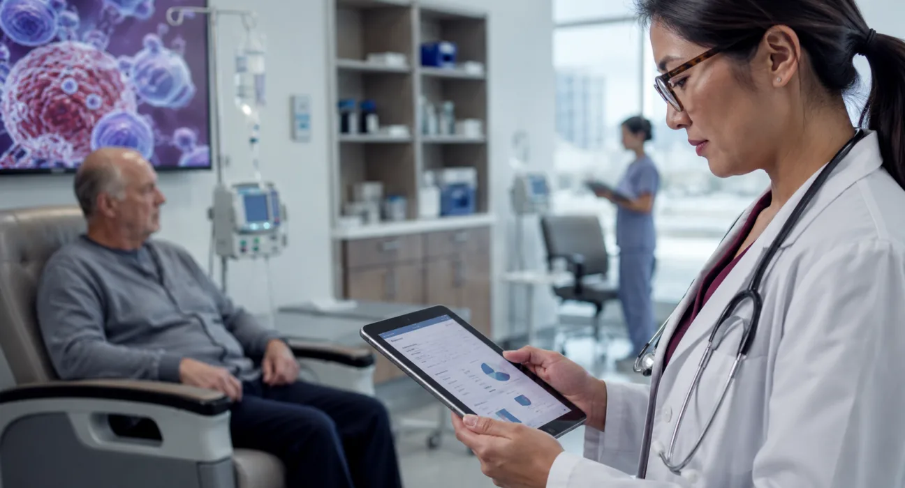 A clinician reviews lymphoma treatment data as Genmab and AbbVie clarify that the Phase 3 EPCORE DLBCL-1 trial missed its sole United States overall survival endpoint despite a progression-free survival benefit for epcoritamab. Representative image.