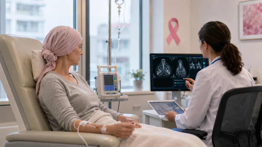 A patient receives infusion-based breast cancer care as clinicians review treatment imaging, reflecting the CHMP recommendation for Gilead Sciences’ Trodelvy plus Keytruda in first-line PD-L1-positive metastatic triple-negative breast cancer. Representative image.