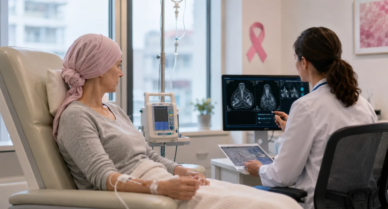 A patient receives infusion-based breast cancer care as clinicians review treatment imaging, reflecting the CHMP recommendation for Gilead Sciences’ Trodelvy plus Keytruda in first-line PD-L1-positive metastatic triple-negative breast cancer. Representative image.