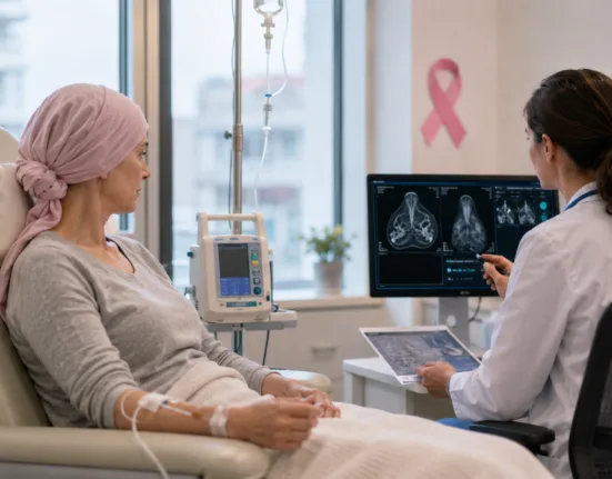 A patient receives infusion-based breast cancer care as clinicians review treatment imaging, reflecting the CHMP recommendation for Gilead Sciences’ Trodelvy plus Keytruda in first-line PD-L1-positive metastatic triple-negative breast cancer. Representative image.