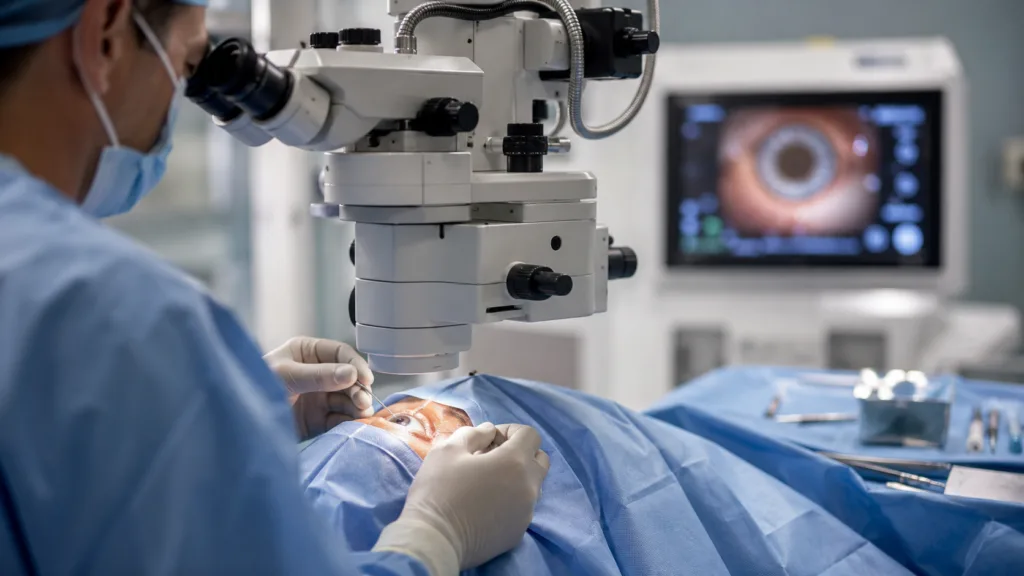 An ophthalmic surgeon performs a glaucoma procedure as Glaukos Corporation advances the PRESERFLO MicroShunt through its U.S. pivotal study following completion of patient enrollment. Representative image.