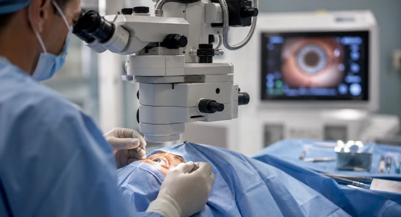 An ophthalmic surgeon performs a glaucoma procedure as Glaukos Corporation advances the PRESERFLO MicroShunt through its U.S. pivotal study following completion of patient enrollment. Representative image.
