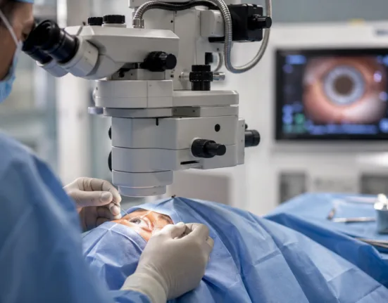 An ophthalmic surgeon performs a glaucoma procedure as Glaukos Corporation advances the PRESERFLO MicroShunt through its U.S. pivotal study following completion of patient enrollment. Representative image.