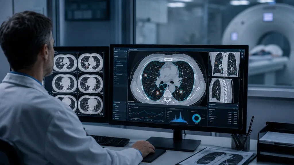 A radiologist reviews AI-assisted chest CT scans as HOPPR expands developer access to medical imaging foundation models with its new chest CT narrative model. Representative image.