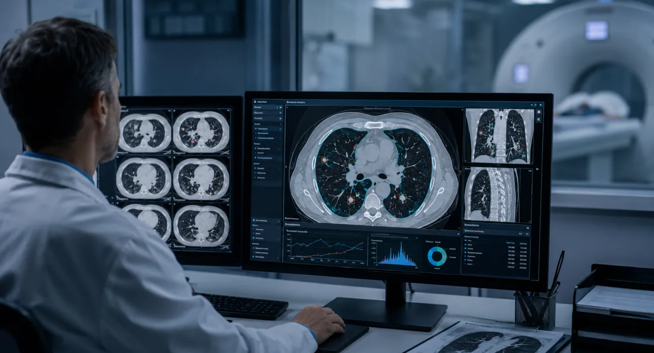 A radiologist reviews AI-assisted chest CT scans as HOPPR expands developer access to medical imaging foundation models with its new chest CT narrative model. Representative image.