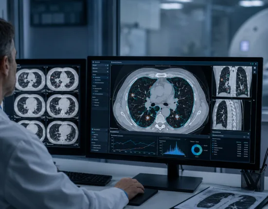 A radiologist reviews AI-assisted chest CT scans as HOPPR expands developer access to medical imaging foundation models with its new chest CT narrative model. Representative image.