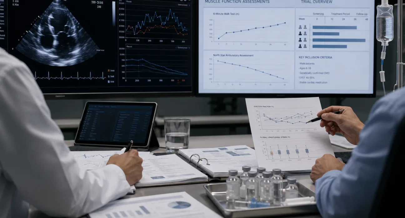 Representative image: Clinicians review heart imaging and Duchenne muscular dystrophy trial data as Capricor Therapeutics’ $CAPR deramiocel faces heightened FDA uncertainty following a 9 to 3 advisory committee vote against its cardiomyopathy evidence.