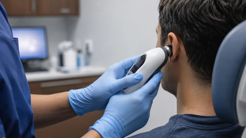 A clinician uses a handheld tympanometry device to assess a patient’s ear in an urgent care setting, highlighting the growing clinical and financial case for rapid ear infection testing. Representative image.