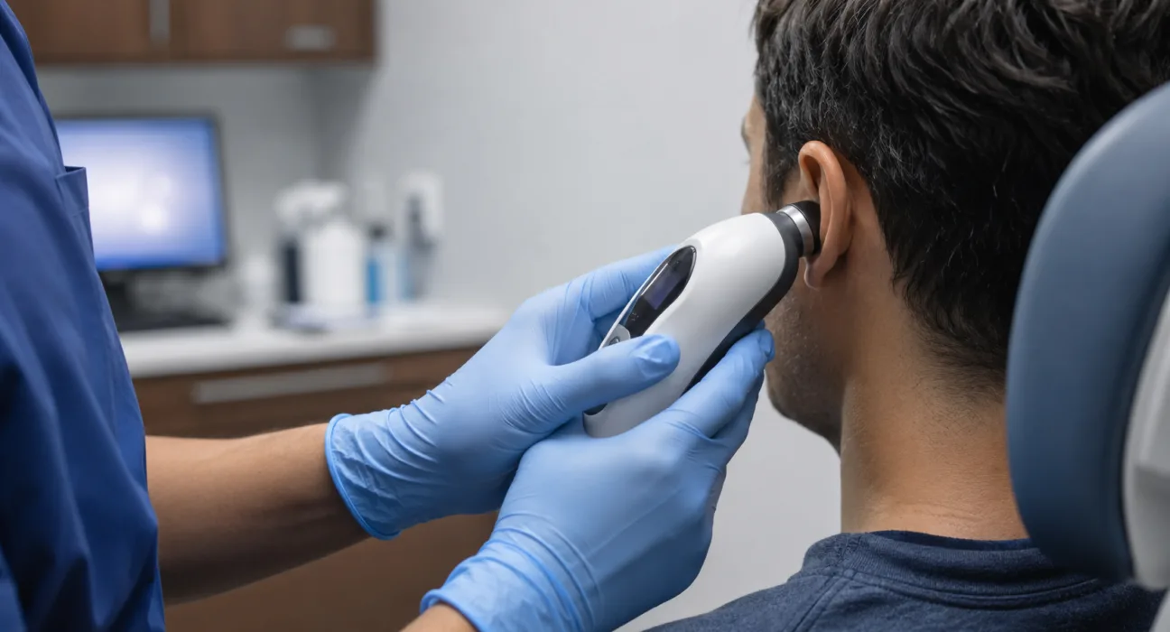 A clinician uses a handheld tympanometry device to assess a patient’s ear in an urgent care setting, highlighting the growing clinical and financial case for rapid ear infection testing. Representative image.