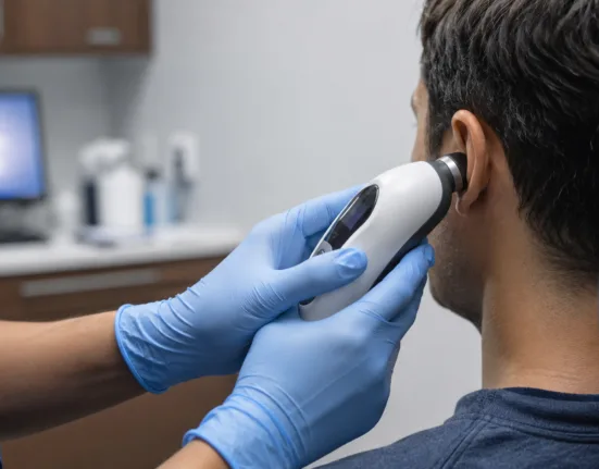 A clinician uses a handheld tympanometry device to assess a patient’s ear in an urgent care setting, highlighting the growing clinical and financial case for rapid ear infection testing. Representative image.