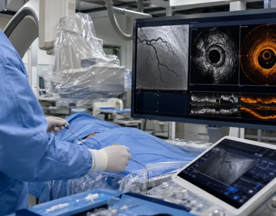 Representative image: Interventional cardiology procedure using intravascular imaging, reflecting Conavi Medical’s hybrid IVUS-OCT platform and its potential role in complex PCI and contrast-sparing coronary care.