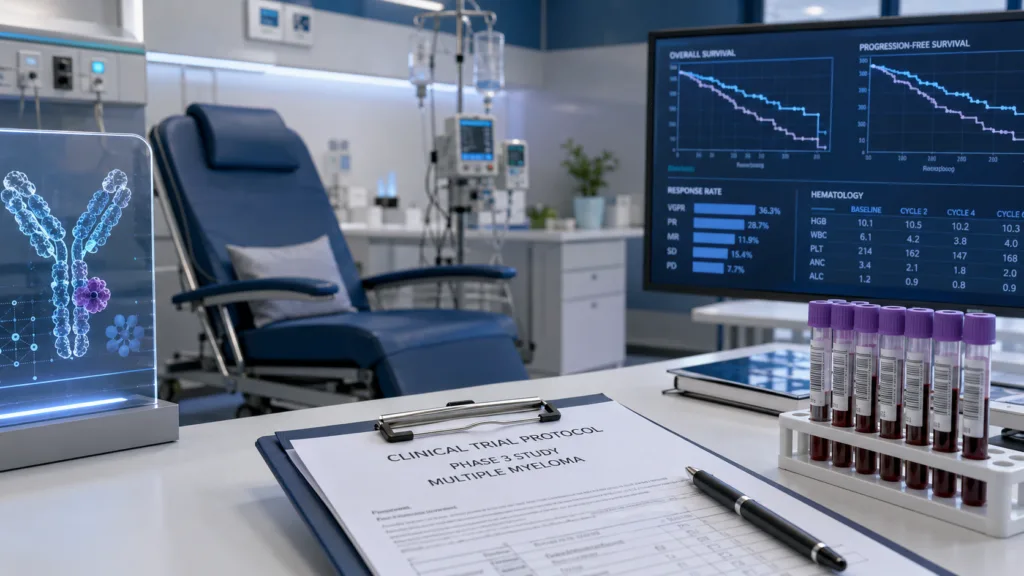A Phase 3 multiple myeloma research setting reflects Johnson & Johnson’s MonumenTAL-6 study, in which the Tecvayli-Talvey combination reportedly reduced the risk of disease progression or death by 89%. Representative image.