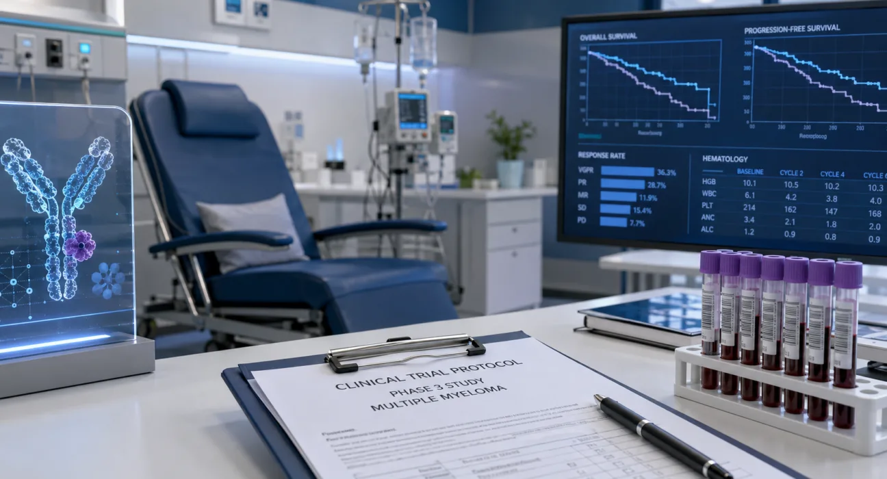 A Phase 3 multiple myeloma research setting reflects Johnson & Johnson’s MonumenTAL-6 study, in which the Tecvayli-Talvey combination reportedly reduced the risk of disease progression or death by 89%. Representative image.