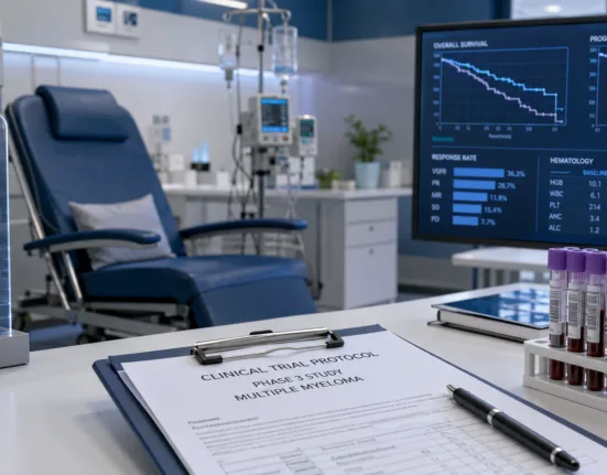 A Phase 3 multiple myeloma research setting reflects Johnson & Johnson’s MonumenTAL-6 study, in which the Tecvayli-Talvey combination reportedly reduced the risk of disease progression or death by 89%. Representative image.