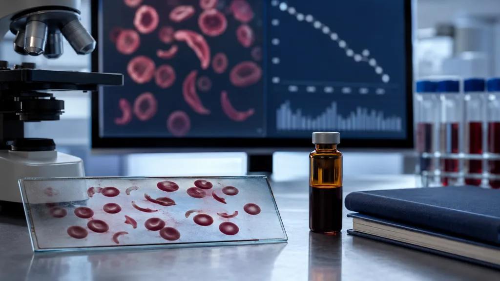 Laboratory research into sickle cell disease therapies highlights Agios Pharmaceuticals’ decision to halt tebapivat development after mixed Phase 2 results, shifting investor focus to mitapivat. Representative image.